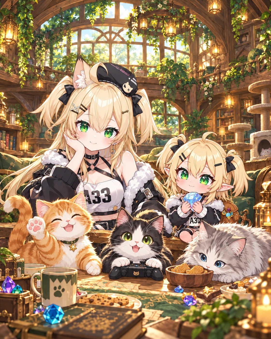 Ailice smiles beside a waving orange tabby and a smiling Goblice with her gem; a tuxedo cat guards the controller and a fluffy gray-and-white cat inspects the snacks